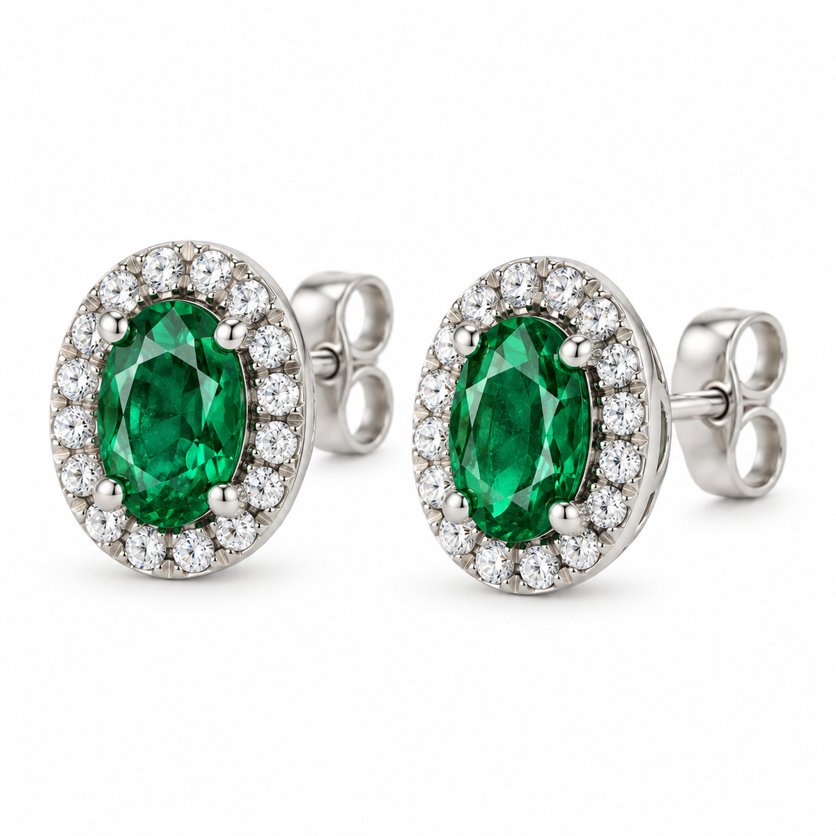 14K White Gold Lab-Grown Emerald French-Set Halo Earrings — 6 × 4 mm stones — enhanced studio view