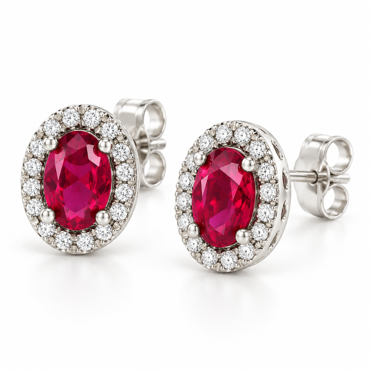 14K White Gold Lab-Grown Ruby French-Set Halo Earrings — 6 × 4 mm stones — enhanced studio view