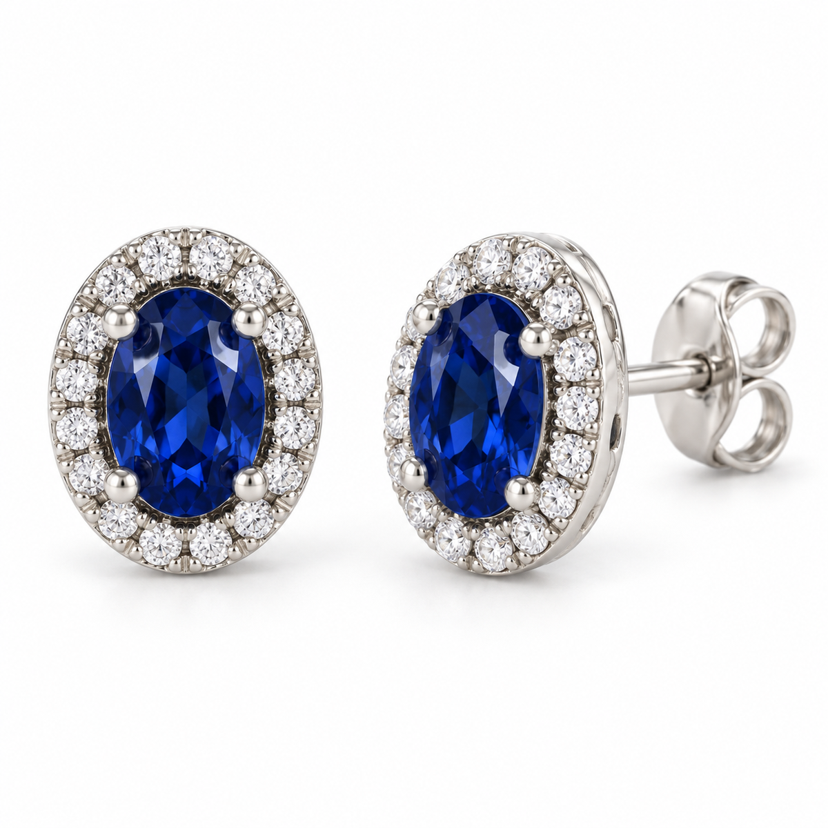 14K White Gold Lab-Grown Blue Sapphire French-Set Halo Earrings — 6 × 4 mm stones — enhanced studio view
