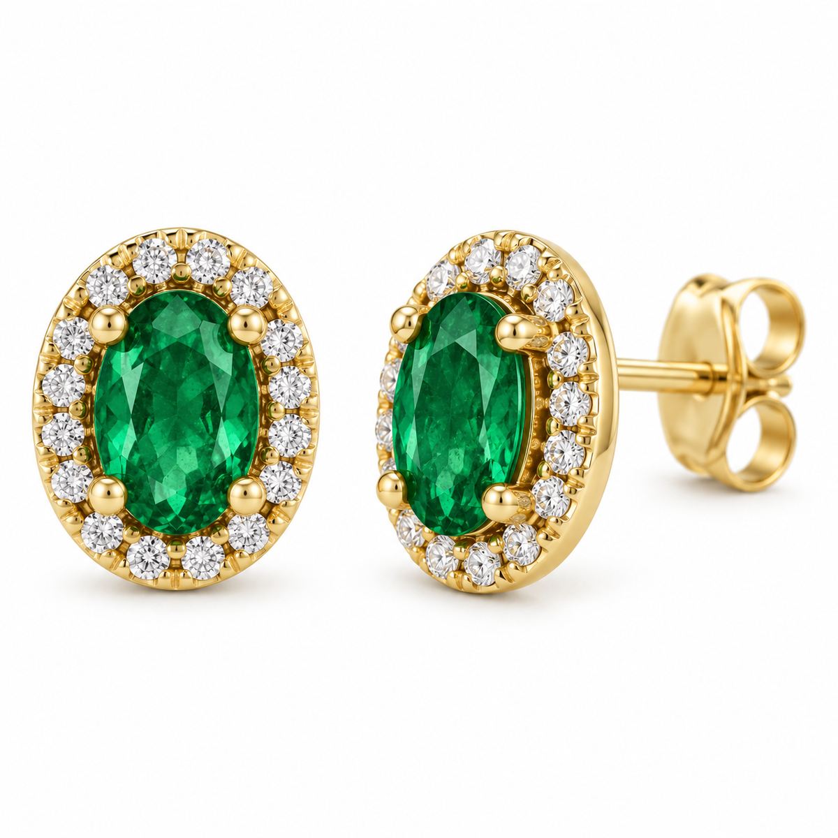 14K Yellow Gold Lab-Grown Emerald French-Set Halo Earrings — 6 × 4 mm stones — enhanced studio view