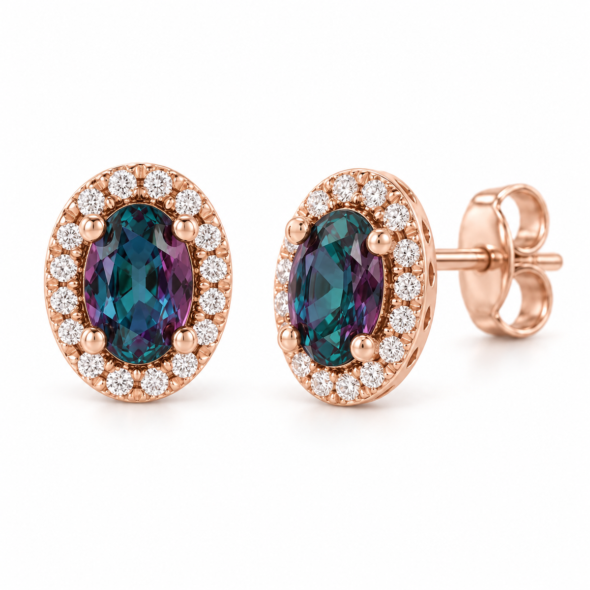 14K Rose Gold Lab-Grown Alexandrite French-Set Halo Earrings — 6 × 4 mm stones — enhanced studio view