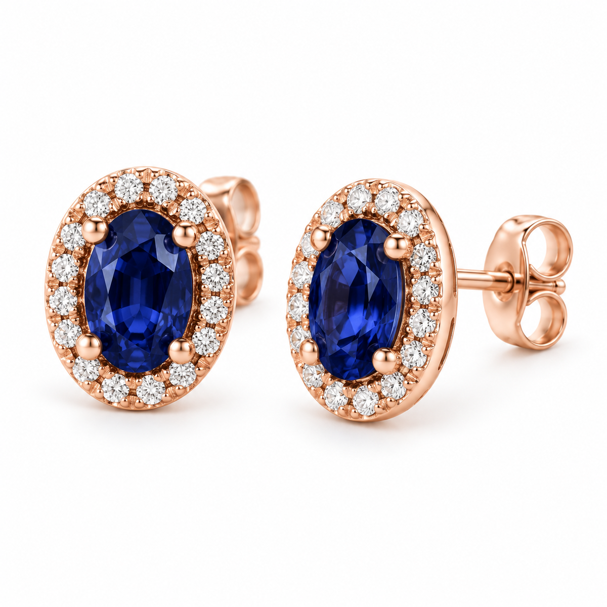 14K Rose Gold Lab-Grown Blue Sapphire French-Set Halo Earrings — 6 × 4 mm stones — enhanced studio view