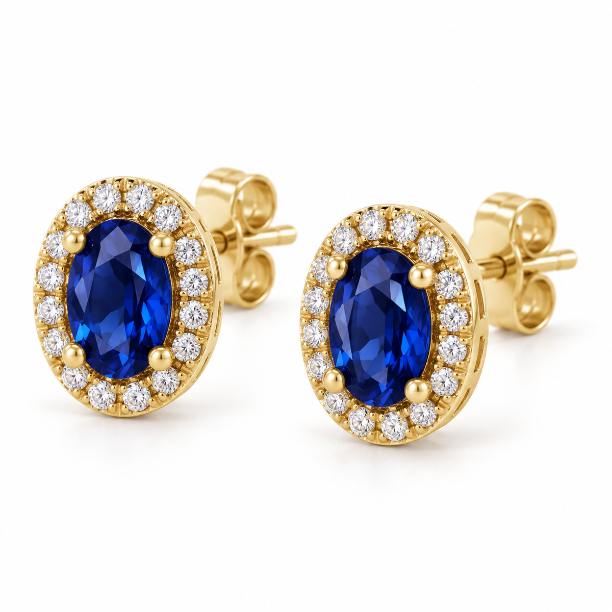 14K Yellow Gold Lab-Grown Blue Sapphire French-Set Halo Earrings — 6 × 4 mm stones — enhanced studio view