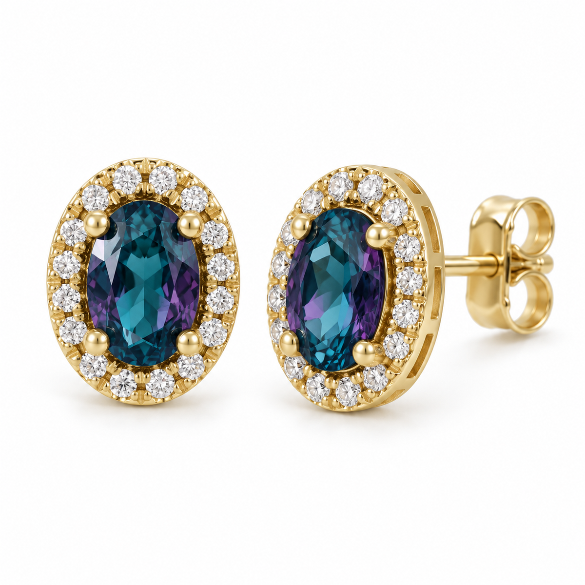 14K Yellow Gold Lab-Grown Alexandrite French-Set Halo Earrings — 6 × 4 mm stones — enhanced studio view