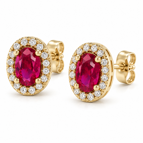 14K Yellow Gold Lab-Grown Ruby French-Set Halo Earrings — 6 × 4 mm stones — enhanced studio view