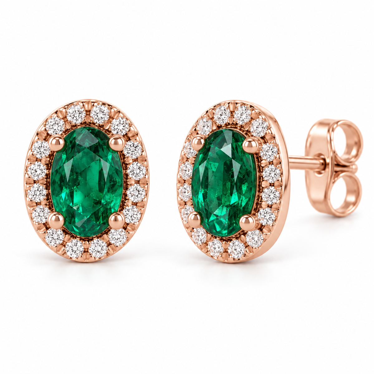 14K Rose Gold Lab-Grown Emerald French-Set Halo Earrings — 6 × 4 mm stones — enhanced studio view