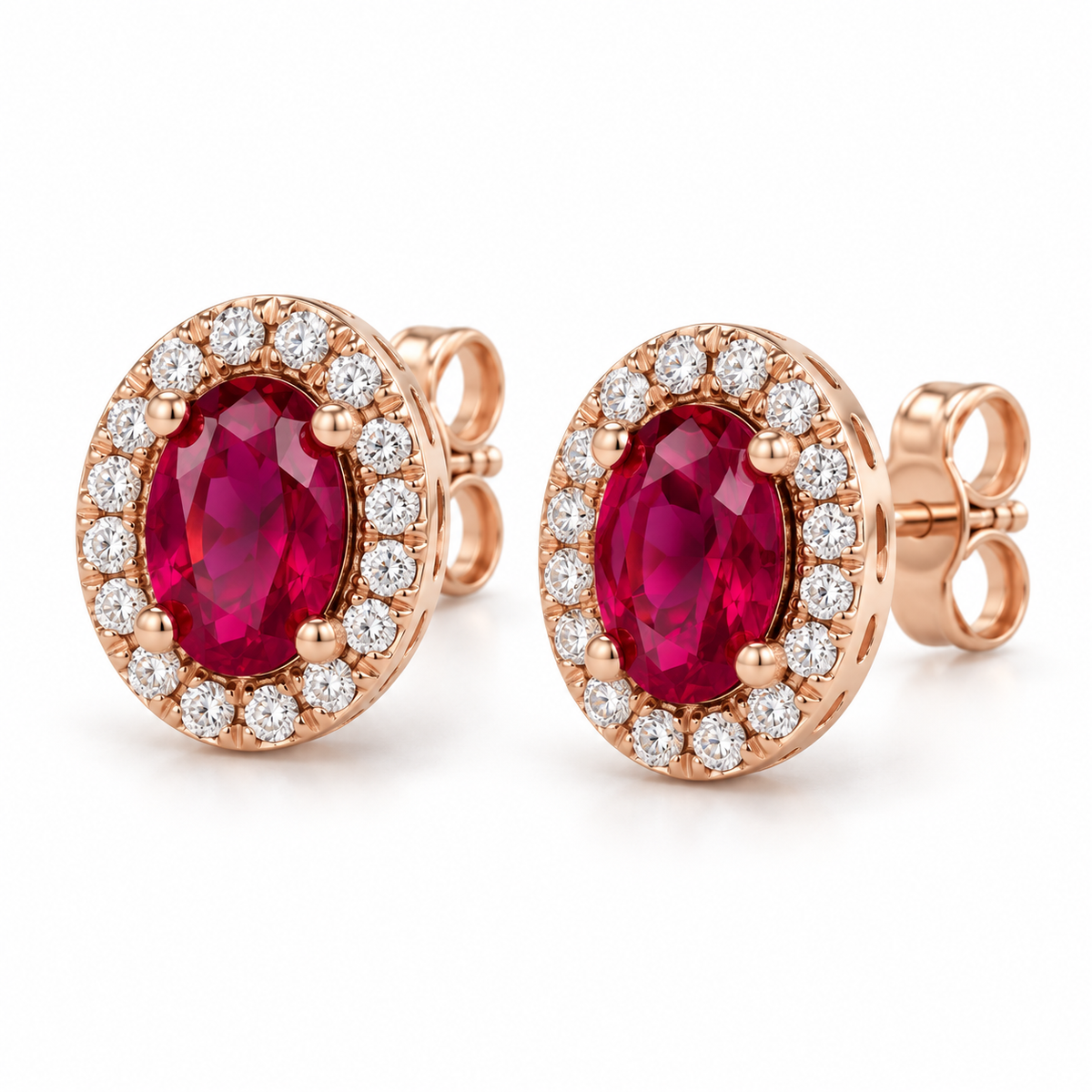 14K Rose Gold Lab-Grown Ruby French-Set Halo Earrings — 6 × 4 mm stones — enhanced studio view
