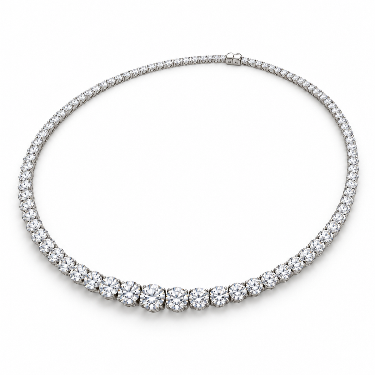 Angled view of graduated diamond Riviera necklace