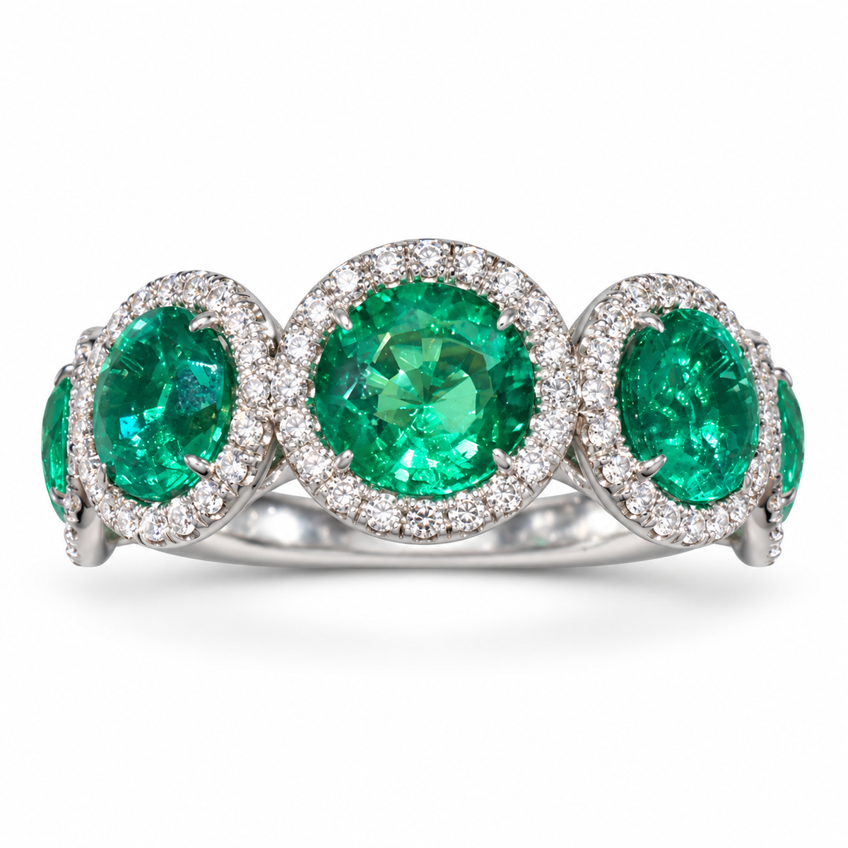 Lab-grown emerald diamond halo band, front view