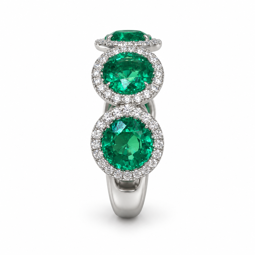 Lab-grown emerald diamond halo band, shoulder view
