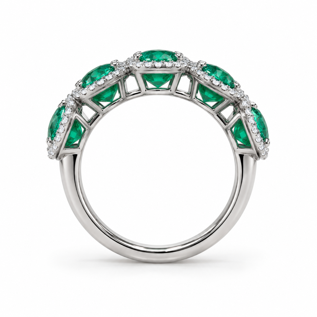 Lab-grown emerald diamond halo band, side view