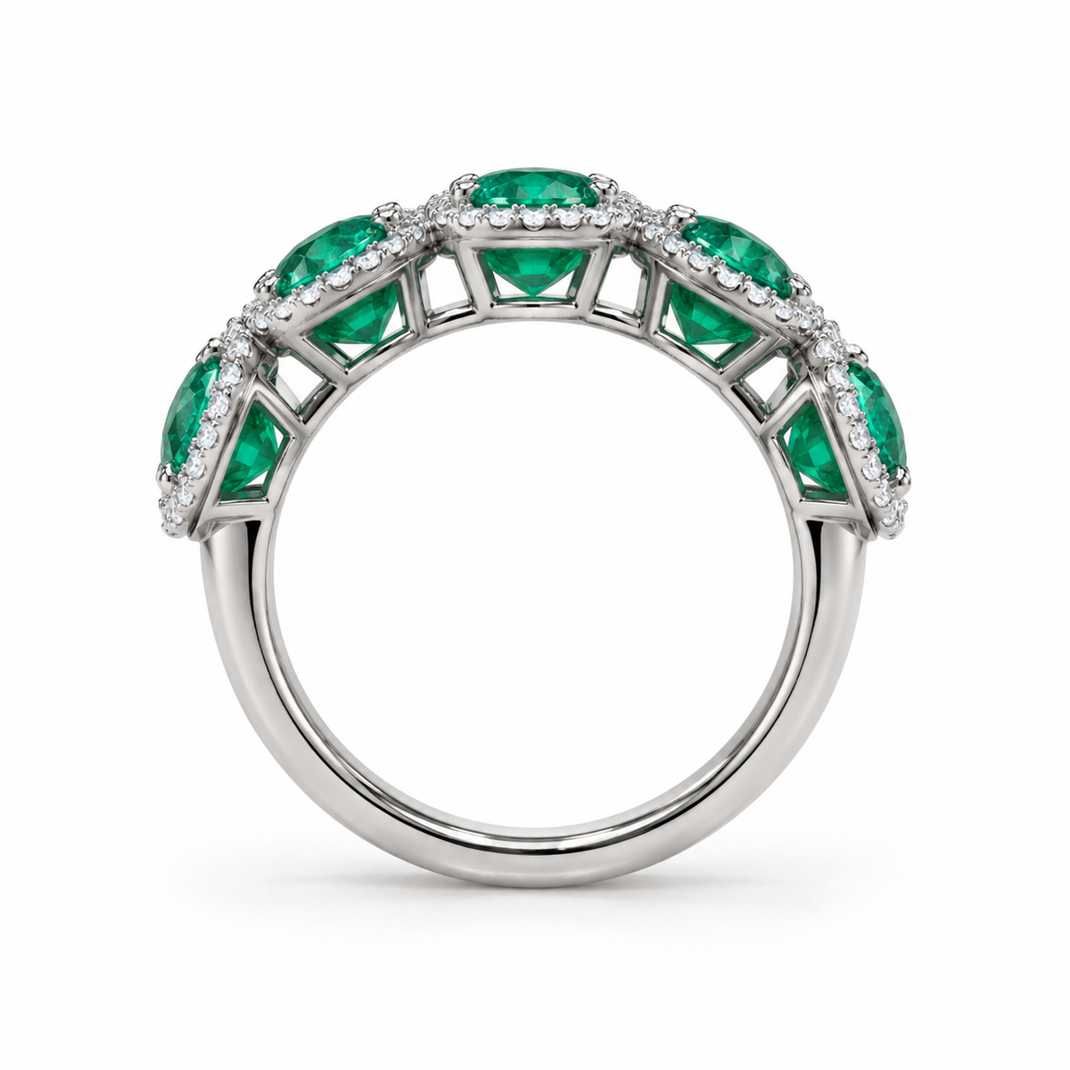 Lab-grown emerald diamond halo band, side view