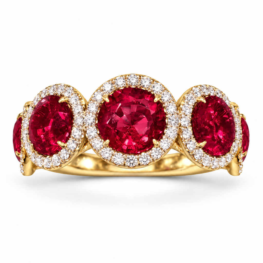 Lab-grown ruby diamond halo band, front view