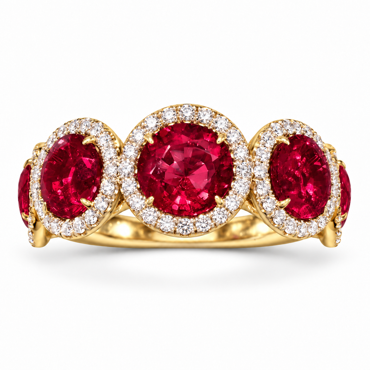 Lab-grown ruby diamond halo band, front view