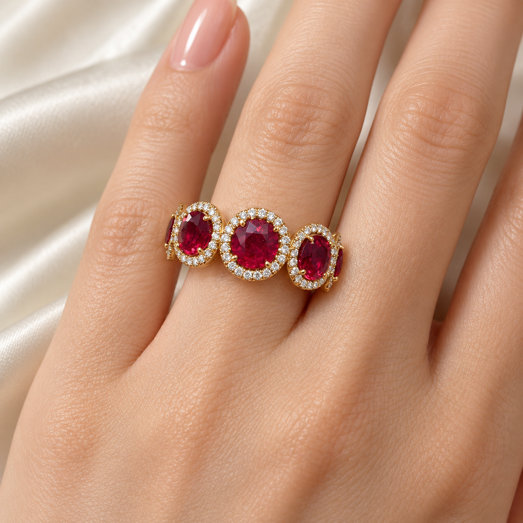 Lab-grown ruby diamond halo band in 18K yellow gold, hand view