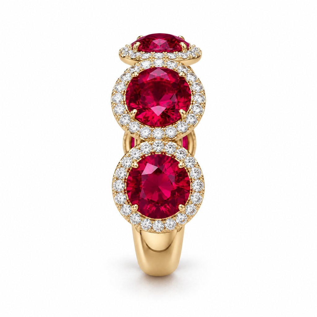 Lab-grown ruby diamond halo band in 18K yellow gold, shoulder view