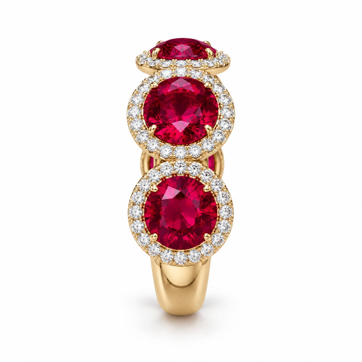 Lab-grown ruby diamond halo band in 18K yellow gold, shoulder view