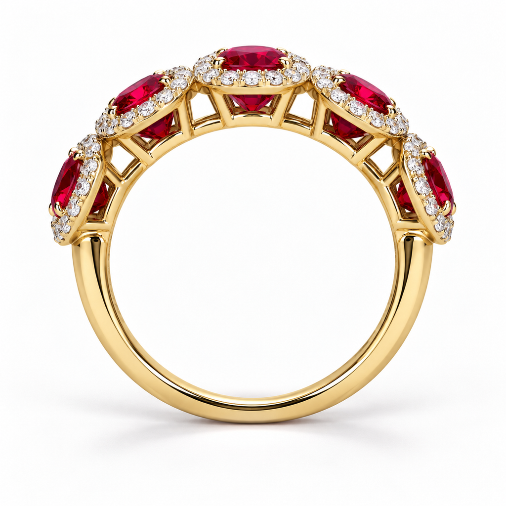 Lab-grown ruby diamond halo band in 18K yellow gold, side view