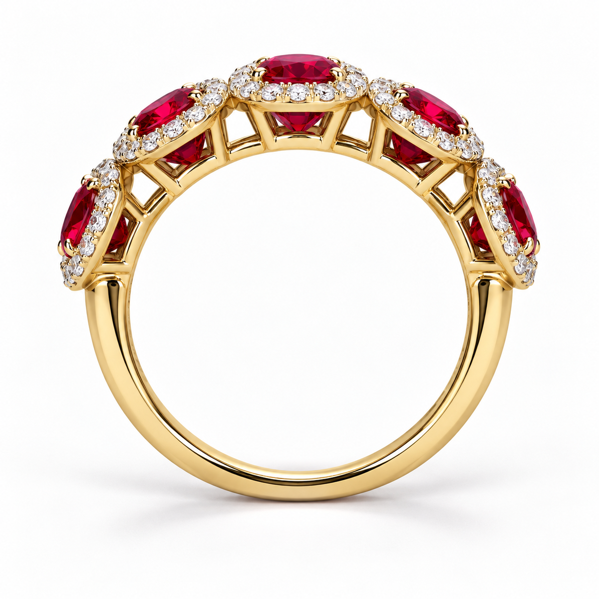 Lab-grown ruby diamond halo band in 18K yellow gold, side view