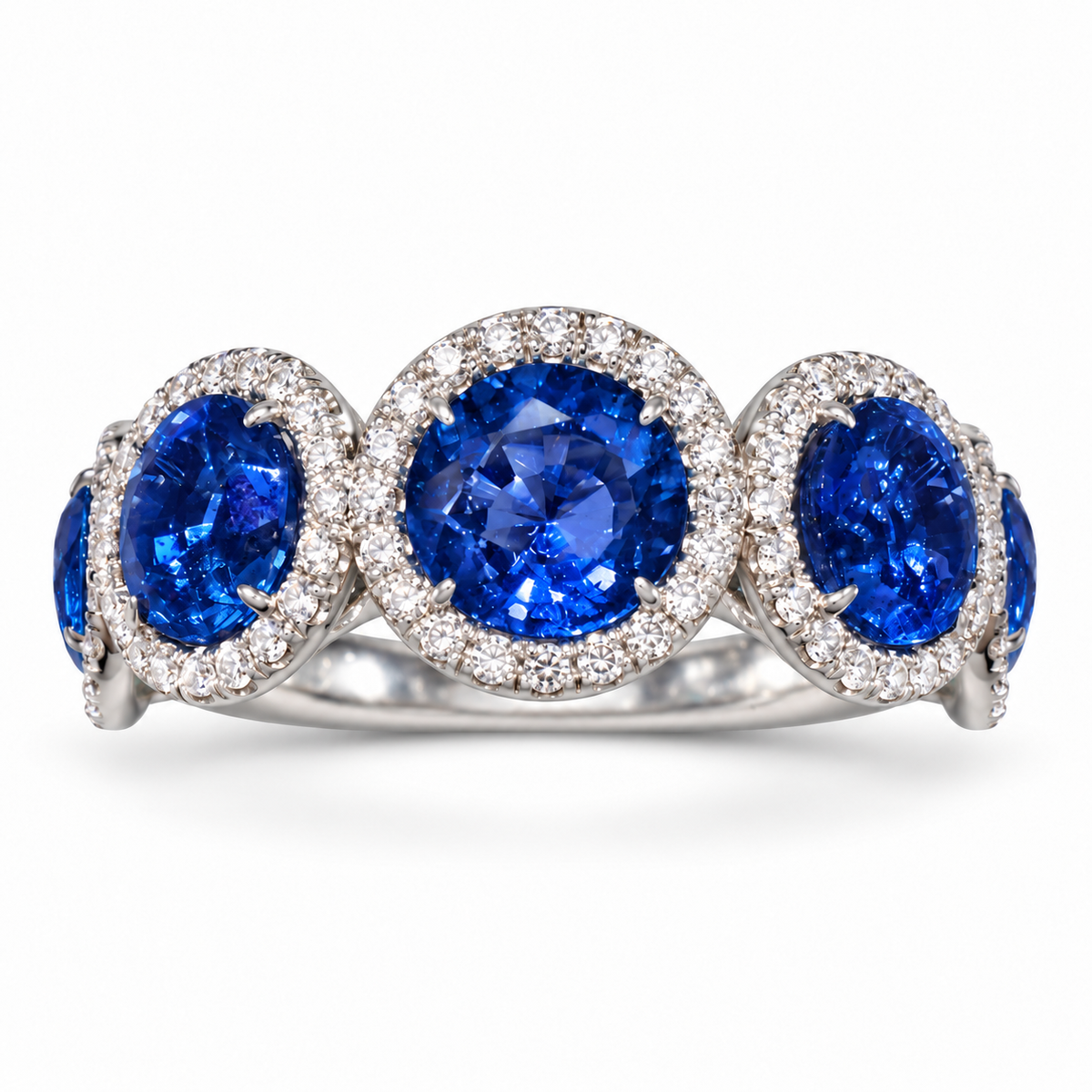 Lab-grown blue sapphire diamond halo band in platinum, front view