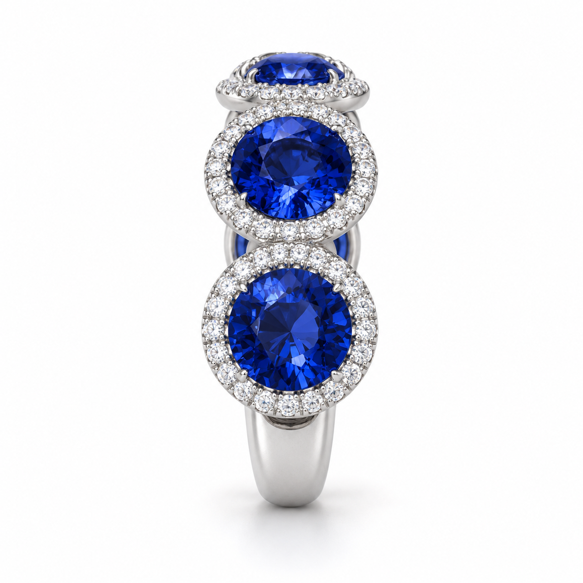 Lab-grown blue sapphire diamond halo band in platinum, shoulder view