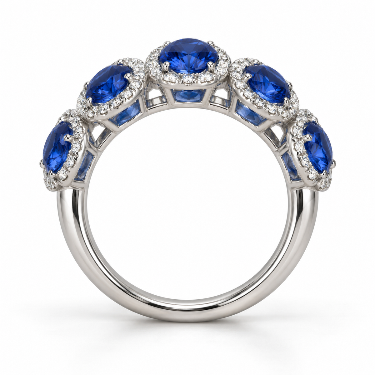 Lab-grown blue sapphire diamond halo band in platinum, side view
