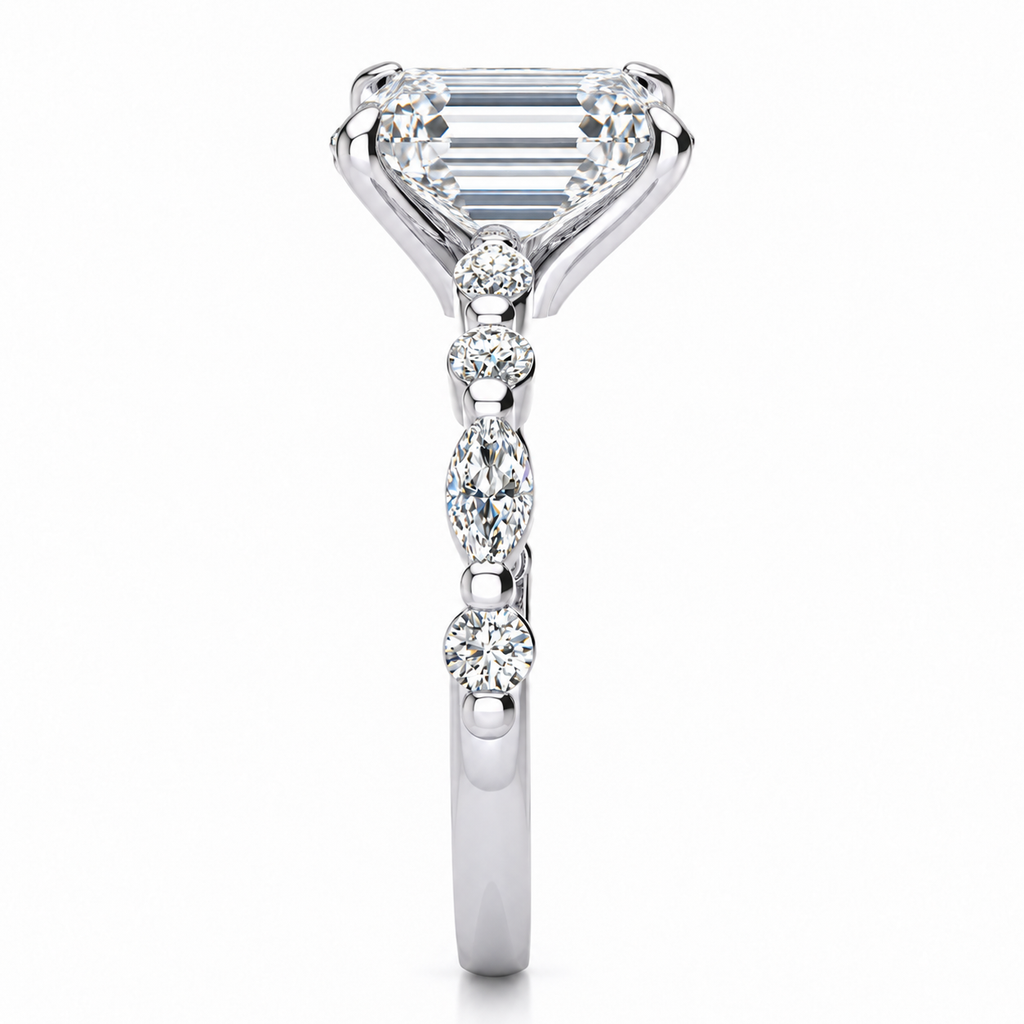Leah Lab Grown Diamond Ring — emerald center — white gold — end view