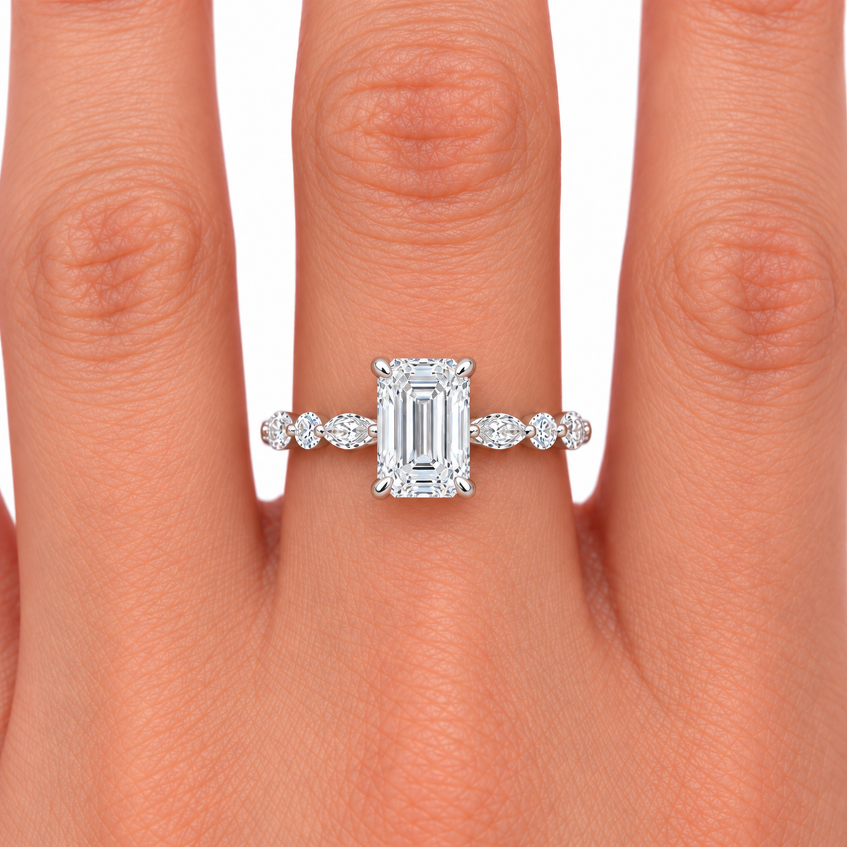 Leah Lab Grown Diamond Ring — emerald center — white gold — on hand
