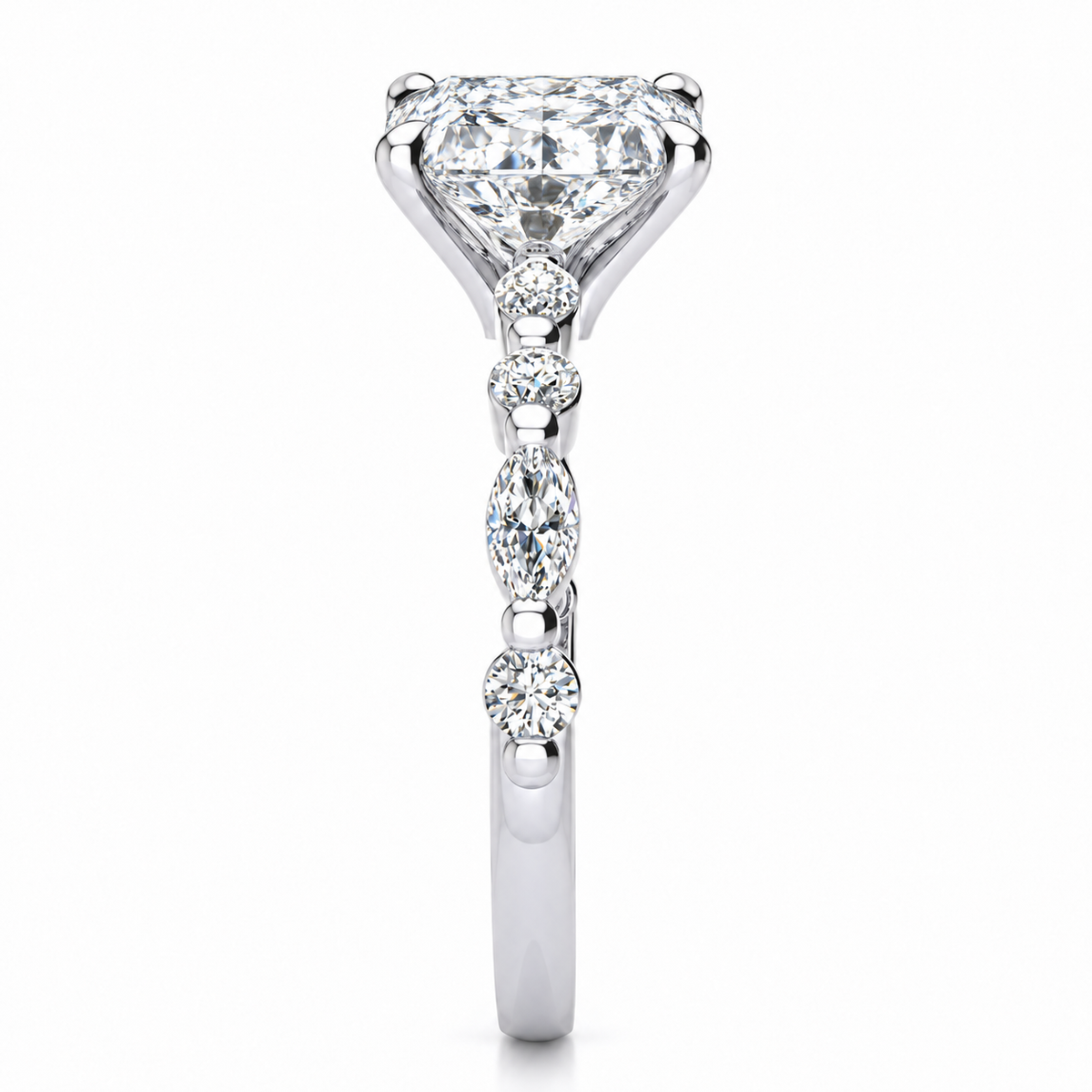 Leah Lab Grown Diamond Ring — radiant center — white gold — end view