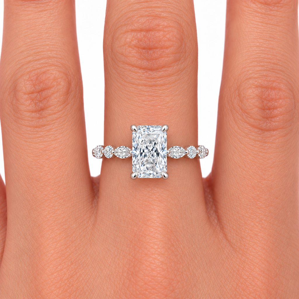 Leah Lab Grown Diamond Ring — radiant center — white gold — on hand