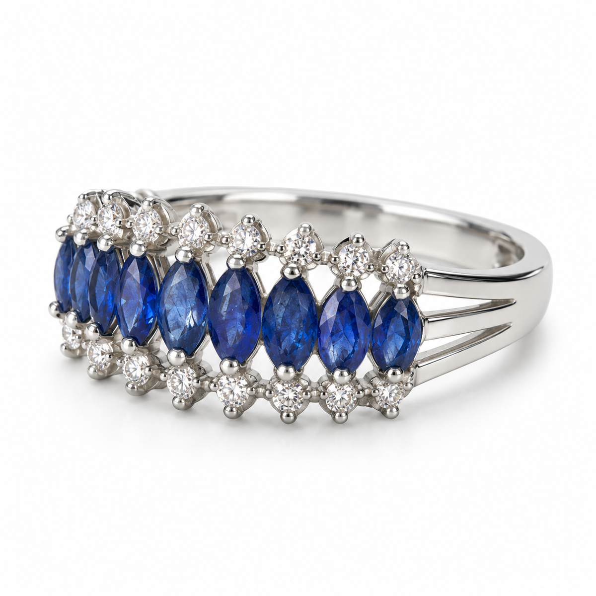 Marquise sapphire and diamond ring in white gold angled view