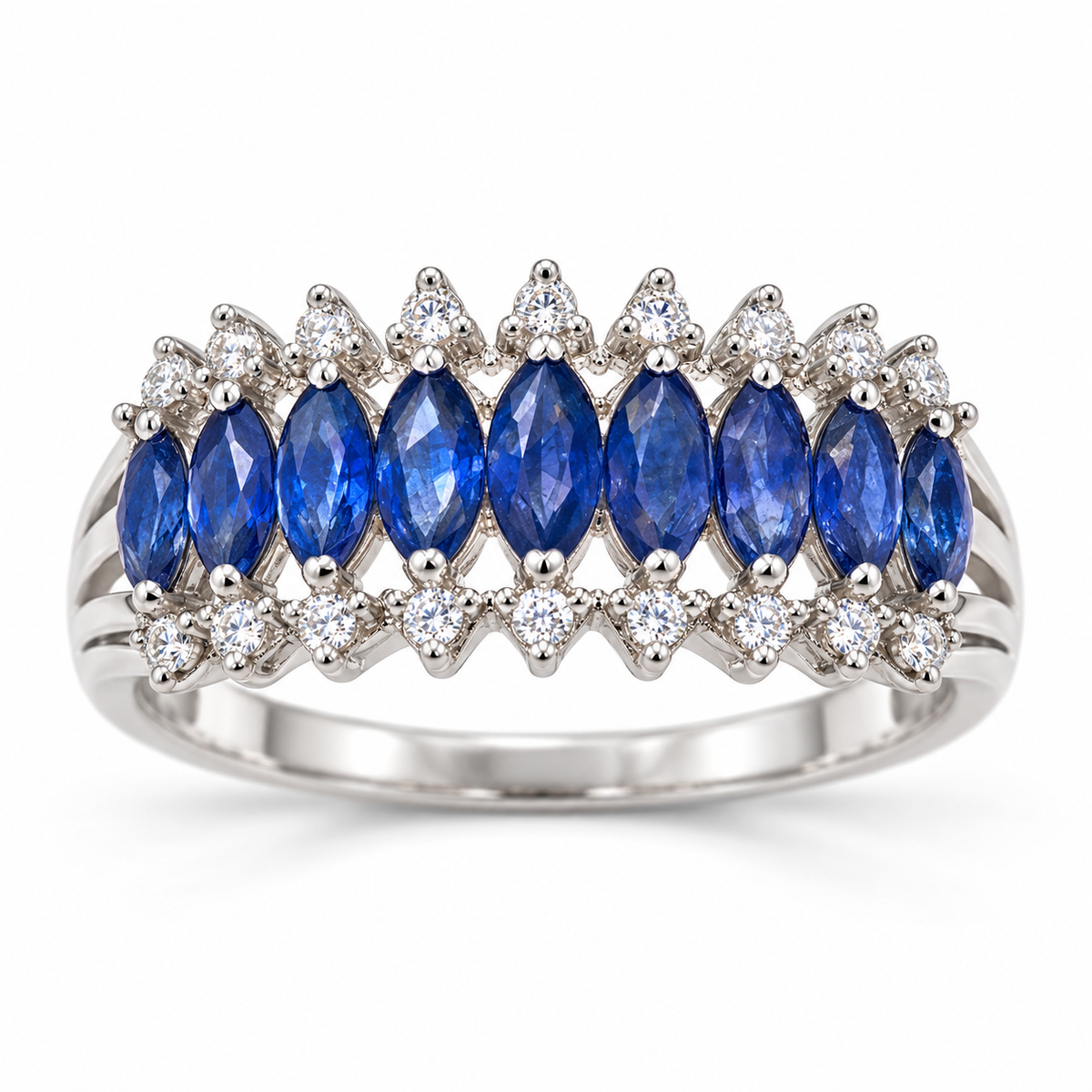 Marquise sapphire and diamond ring in white gold front view