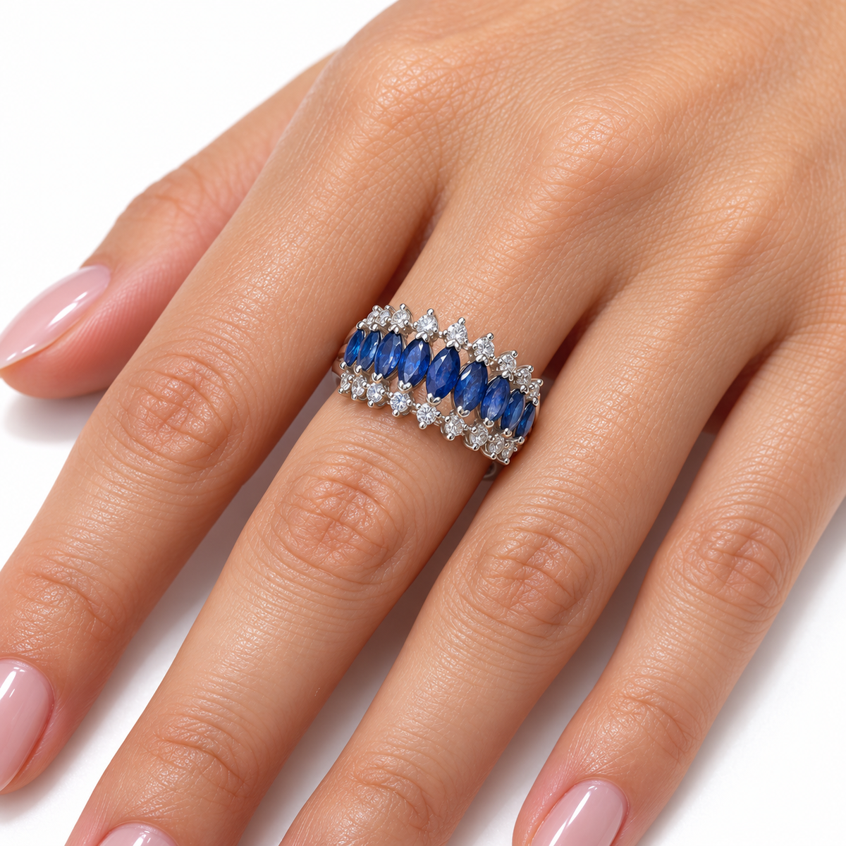 Marquise sapphire and diamond ring in white gold on-hand view