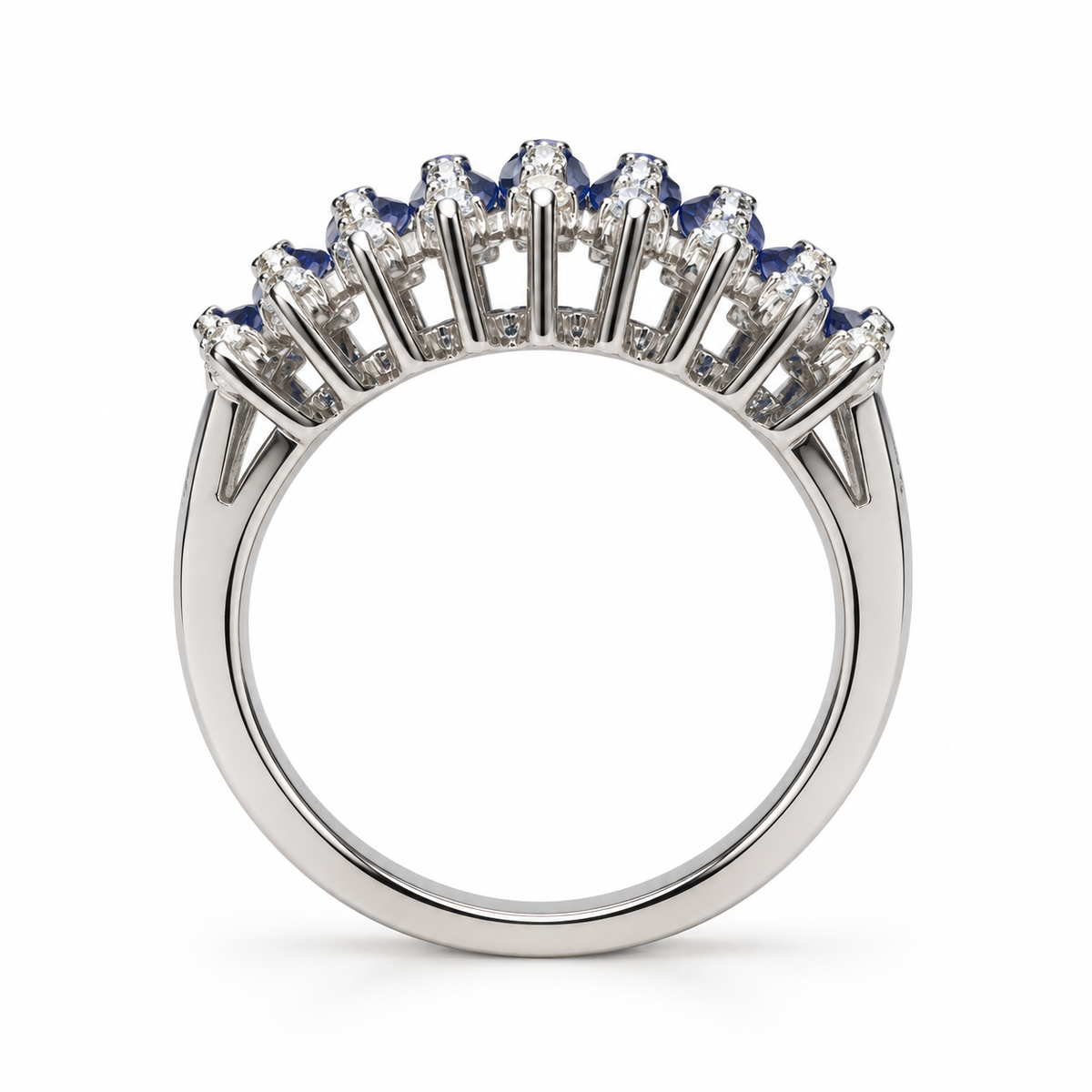 Marquise sapphire and diamond ring in white gold side view