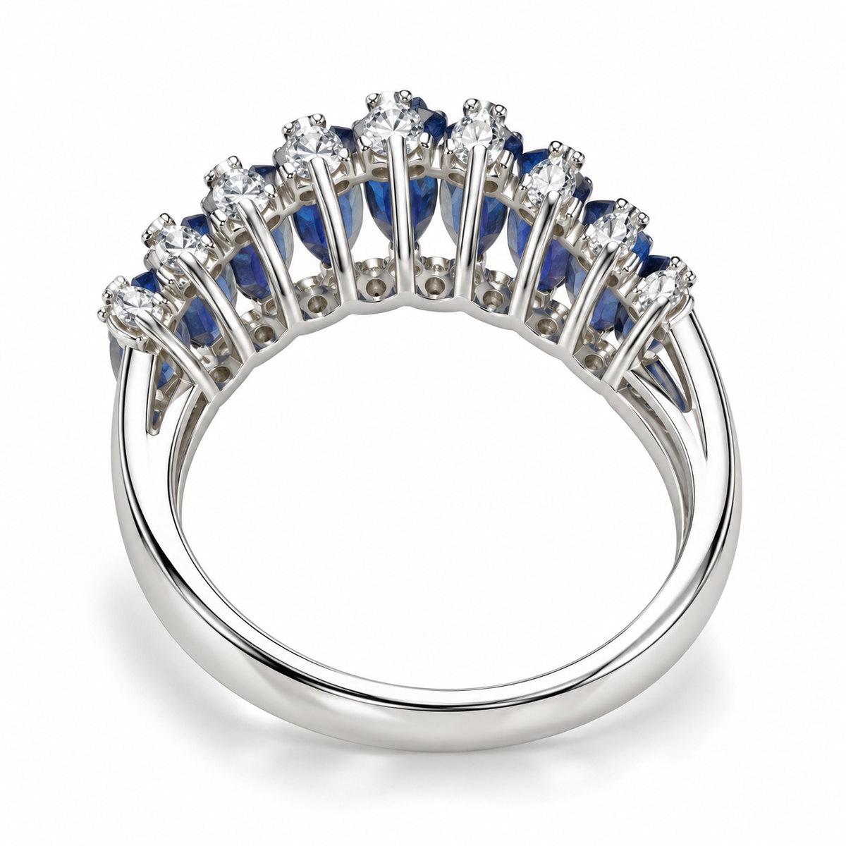 Marquise sapphire and diamond ring in white gold underside view