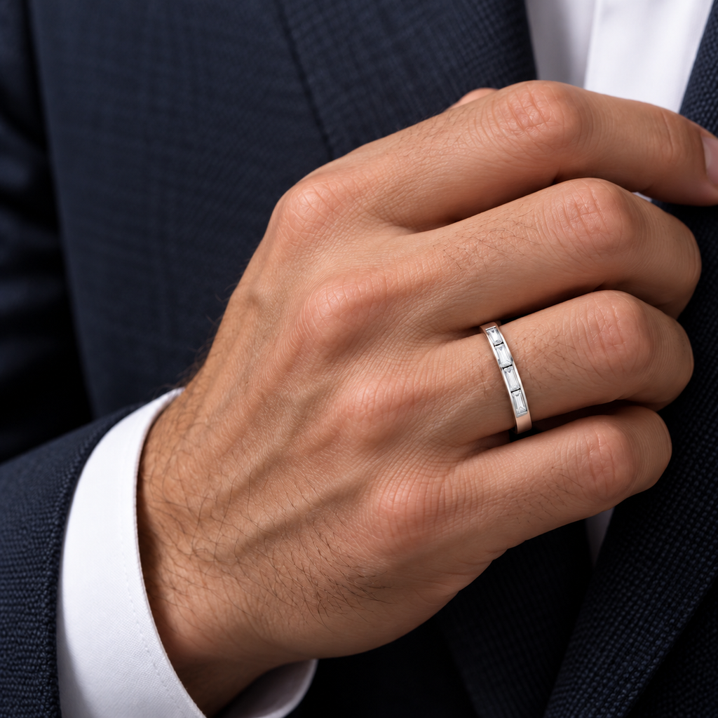 Men's 1/4 CTW Lab-Grown Diamond Five-Stone Anniversary Band – 124206 — 14K White Gold, on-hand view