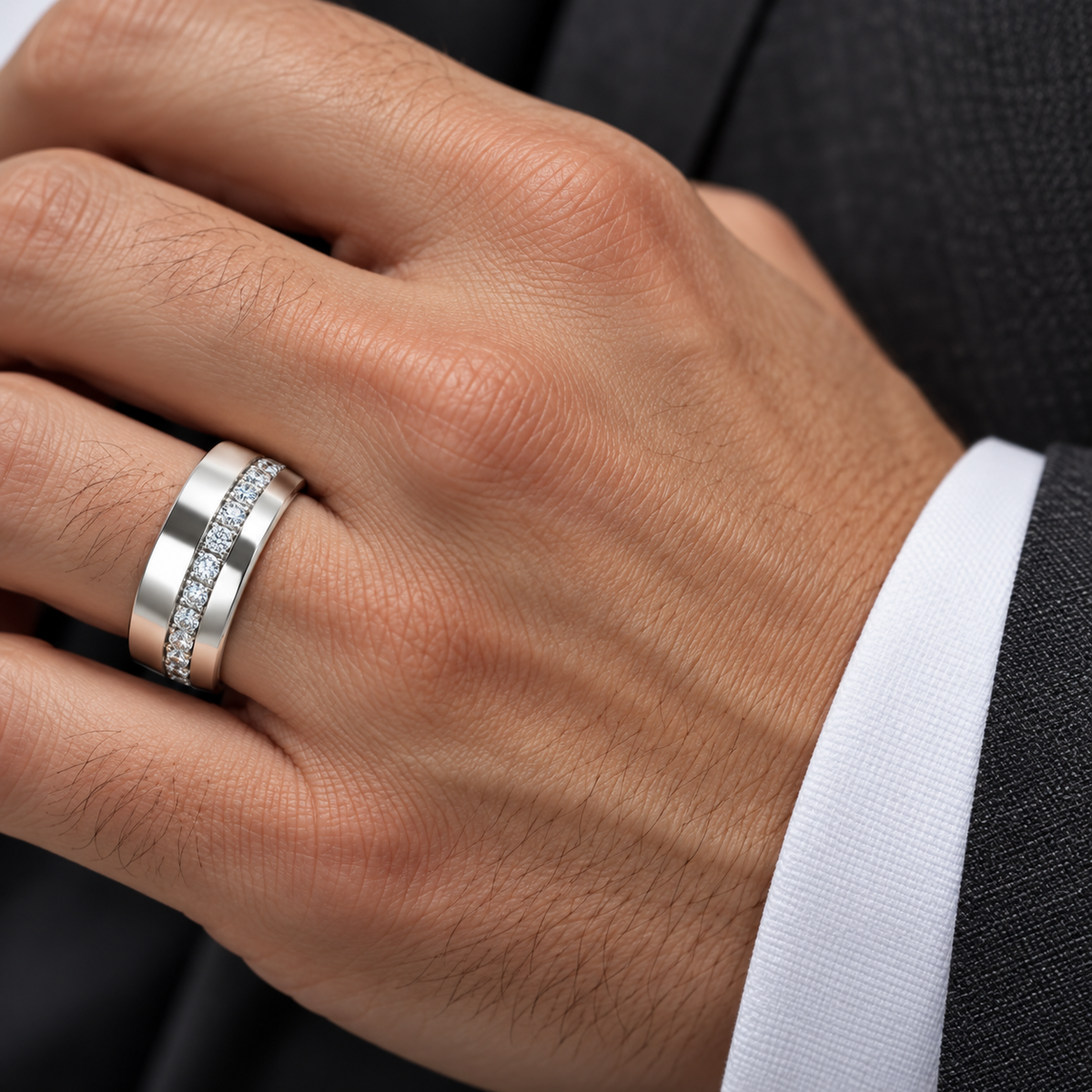 Men's 1/2 CTW Lab-Grown Diamond Band – 126444 — 14K White Gold, on-hand view