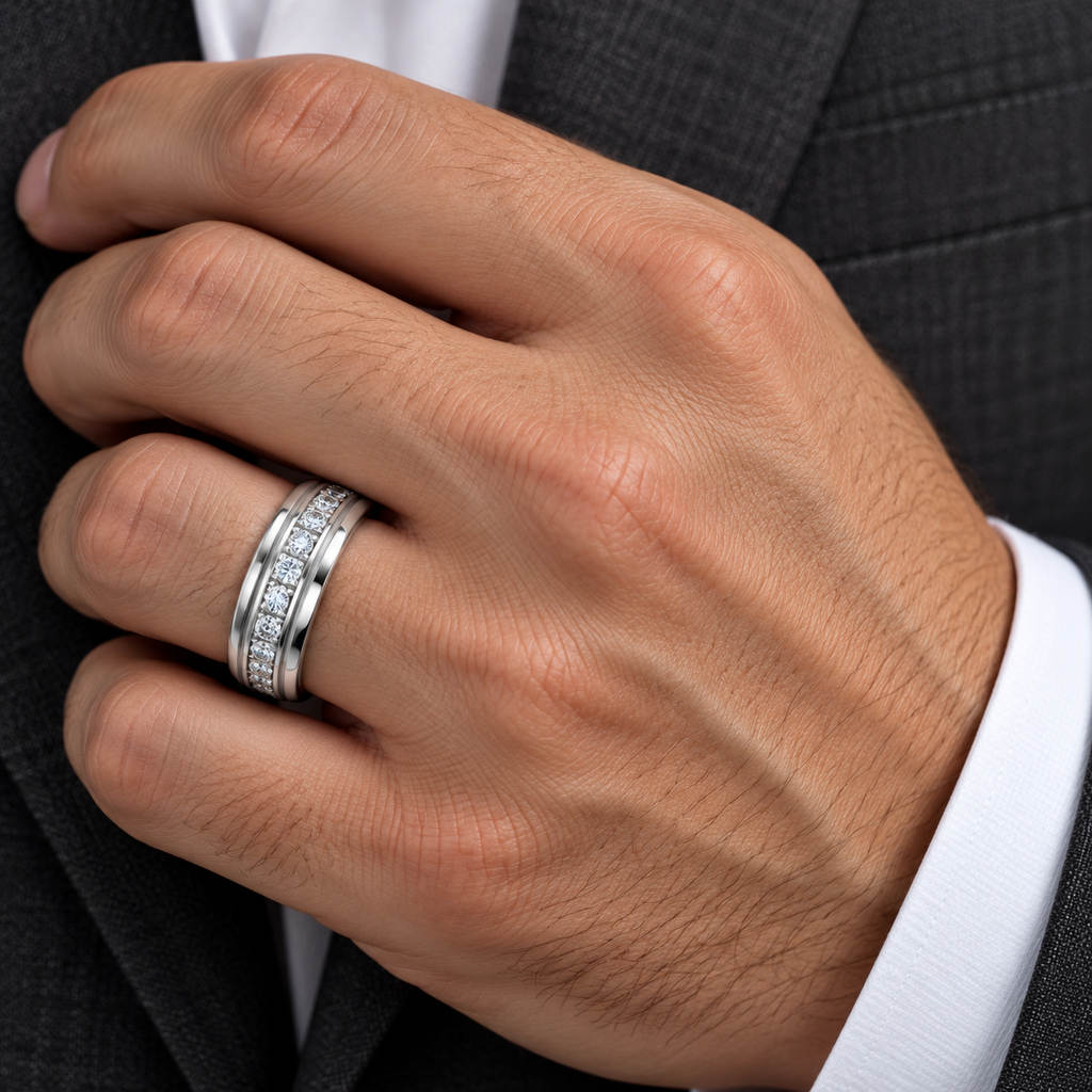 Men's 1/3 CTW Lab-Grown Diamond Grooved Band – 126575 — 14K White Gold, on-hand view