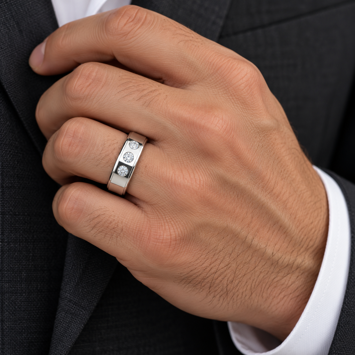 Men's 1/4 CTW Lab-Grown Diamond Stepped-Edge Comfort-Fit Band – 126740 — 14K White Gold, on-hand view