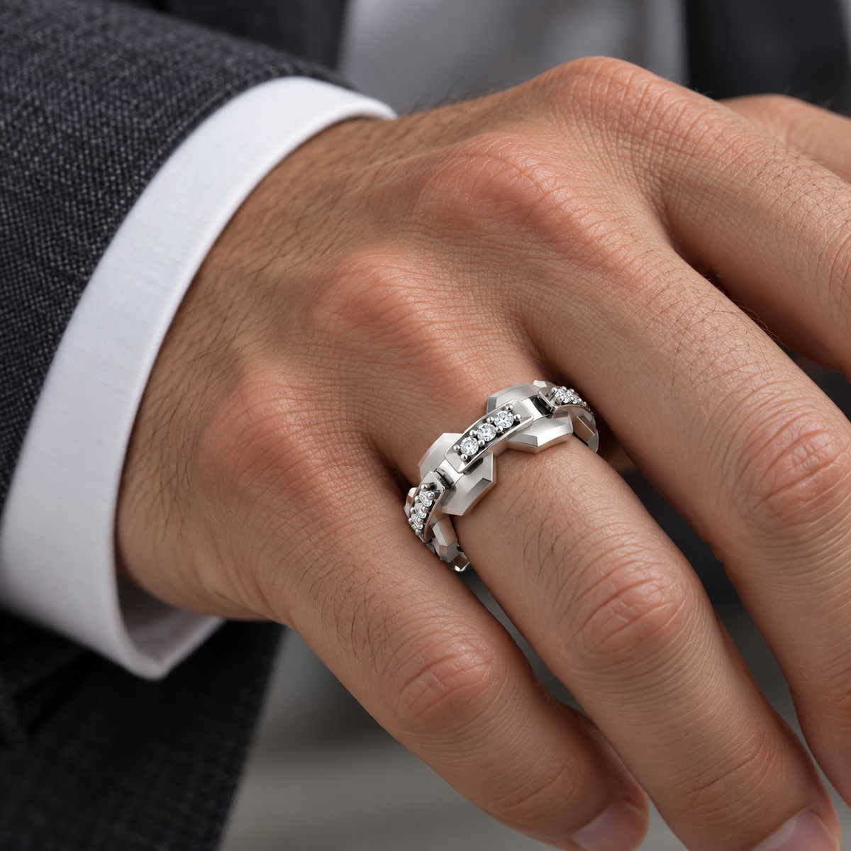 Men's 1/5 CTW Lab-Grown Diamond Geometric Link Band — 14K White Gold, on-hand view