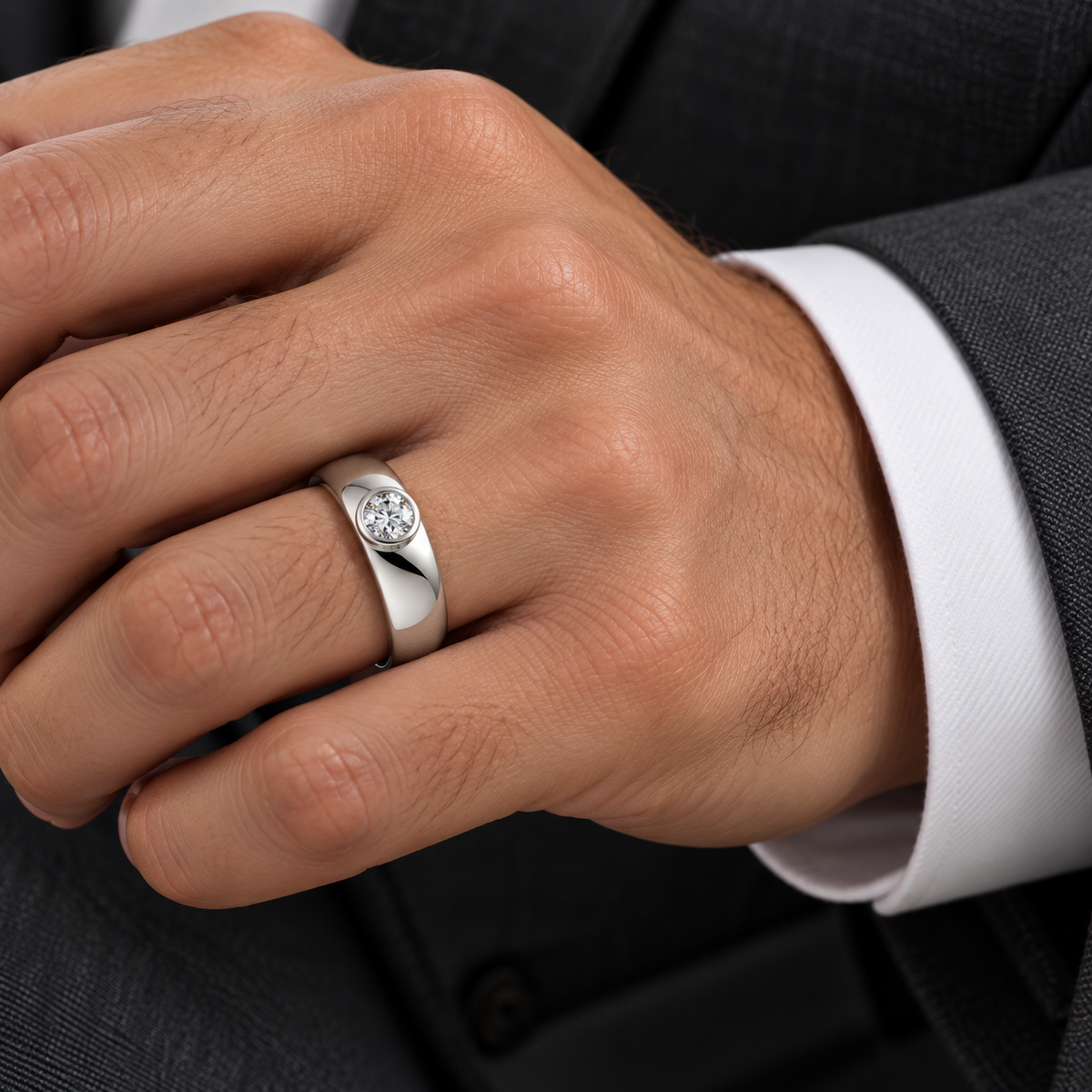 Men's 1/4 CT Lab-Grown Diamond Bezel-Set Solitaire Band – 126800 — 14K White Gold, on-hand view