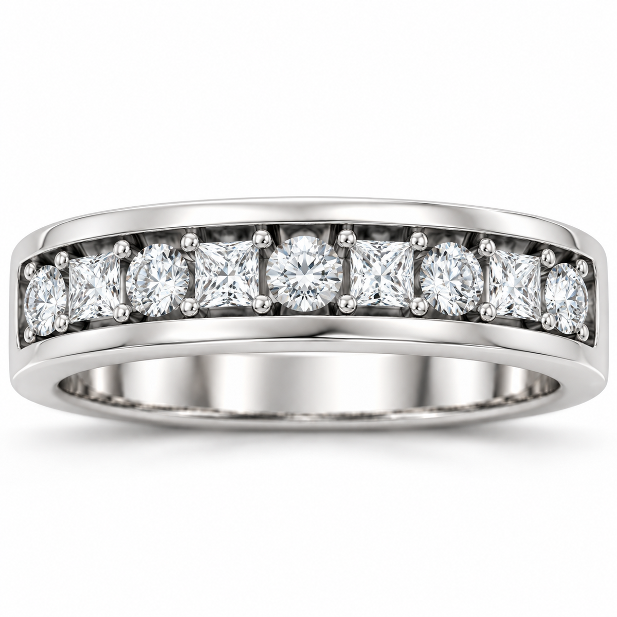 Men's 1 1/3 CTW Lab-Grown Diamond Alternating Round & Princess Band — 14K White Gold, front view