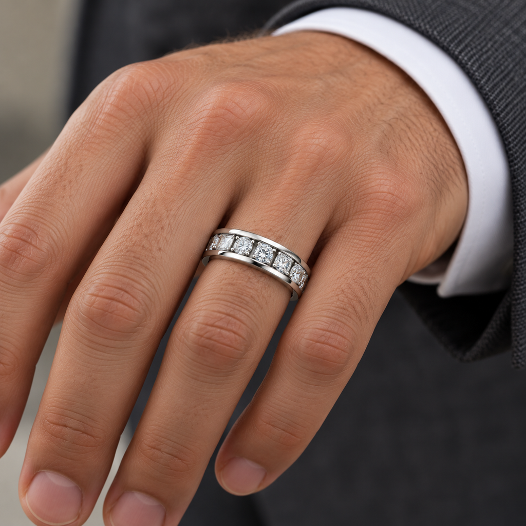 Men's 1 1/3 CTW Lab-Grown Diamond Alternating Round & Princess Band — 14K White Gold, on-hand view