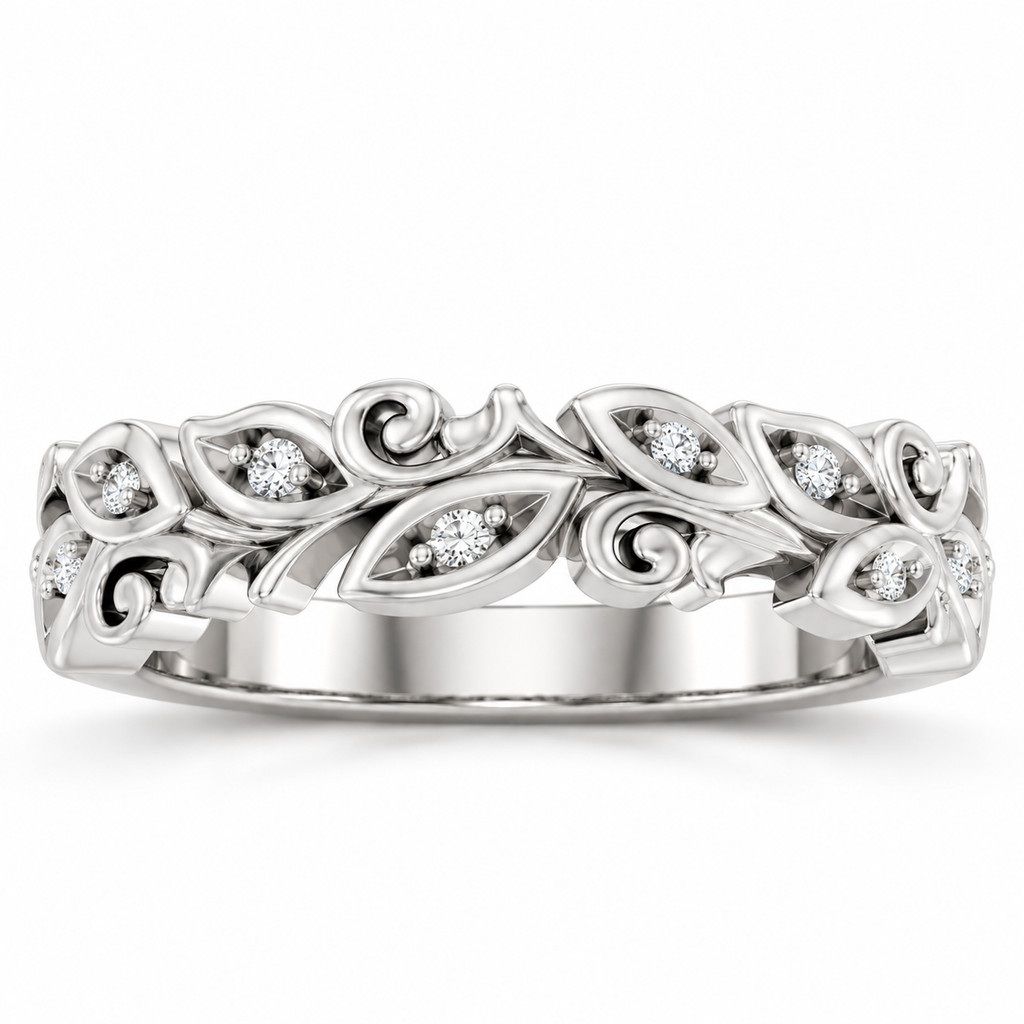 Men's 0.05 CTW Lab-Grown Diamond Floral Scroll Band – 126875 — 14K White Gold, front view