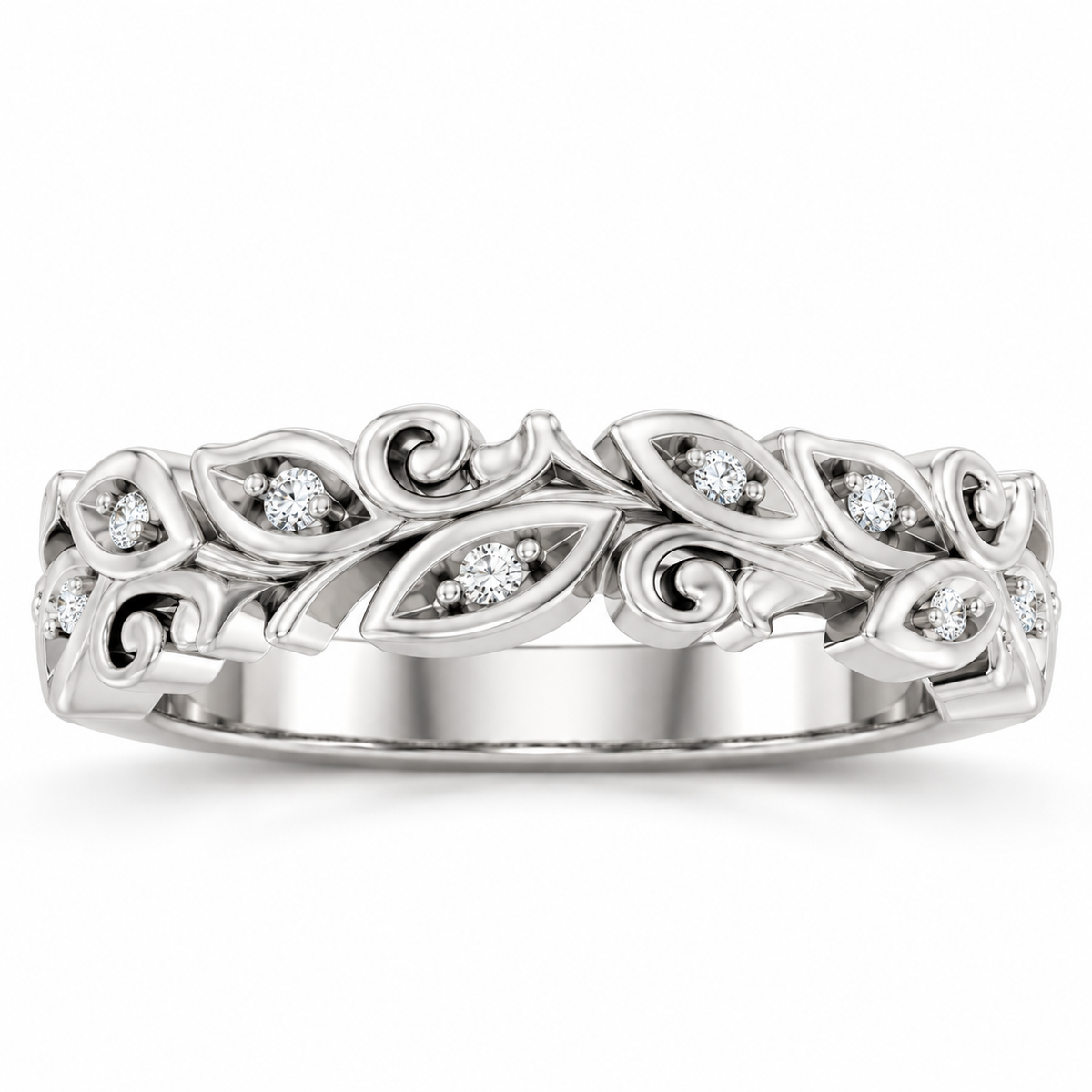 Men's 0.05 CTW Lab-Grown Diamond Floral Scroll Band – 126875 — 14K White Gold, front view