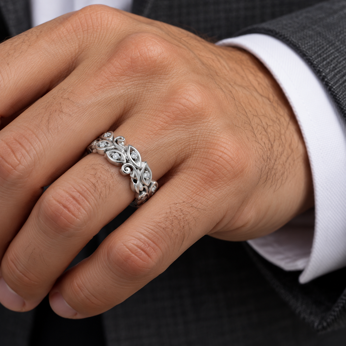 Men's 0.05 CTW Lab-Grown Diamond Floral Scroll Band — 14K White Gold, on-hand view
