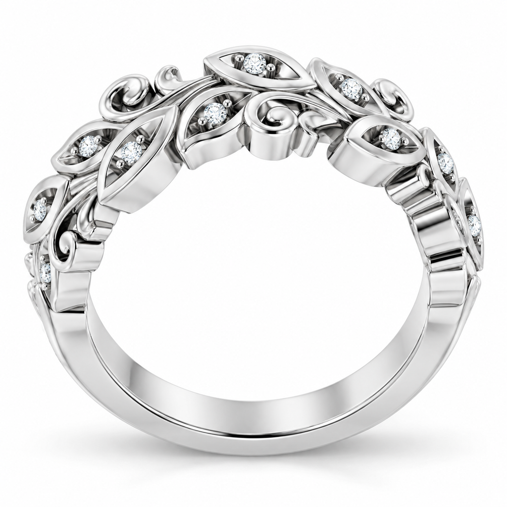 Men's 0.05 CTW Lab-Grown Diamond Floral Scroll Band — 14K White Gold, profile view