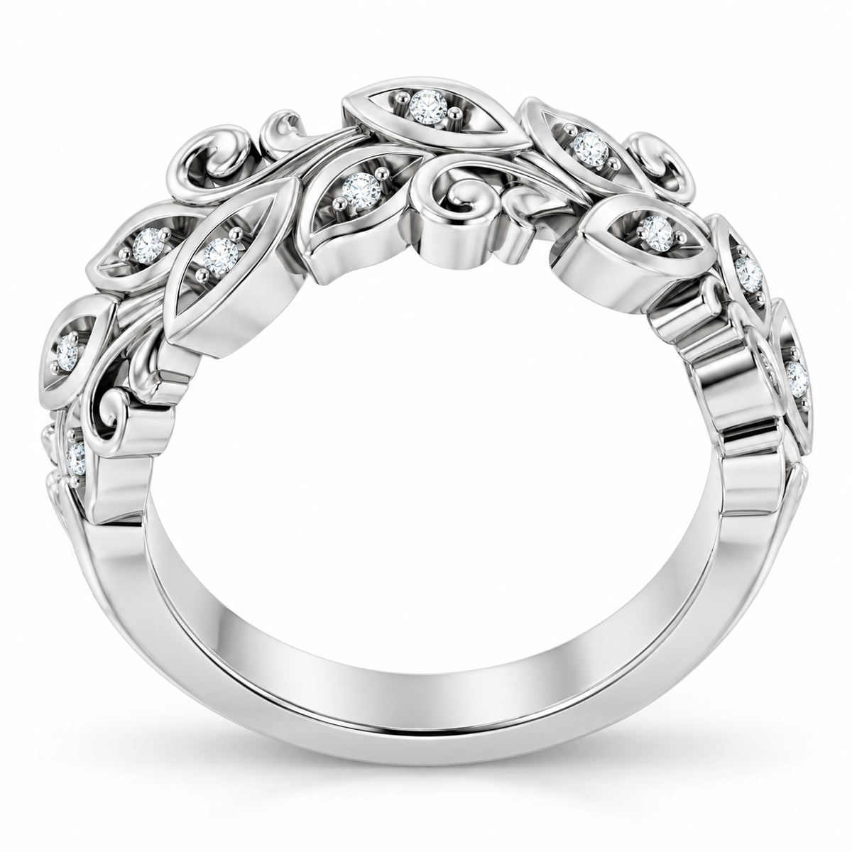 Men's 0.05 CTW Lab-Grown Diamond Floral Scroll Band — 14K White Gold, profile view