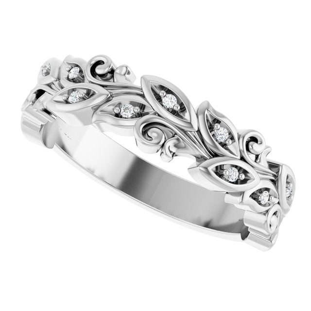 Men's 0.05 CTW Lab-Grown Diamond Floral Scroll Band — 14K White Gold, side view