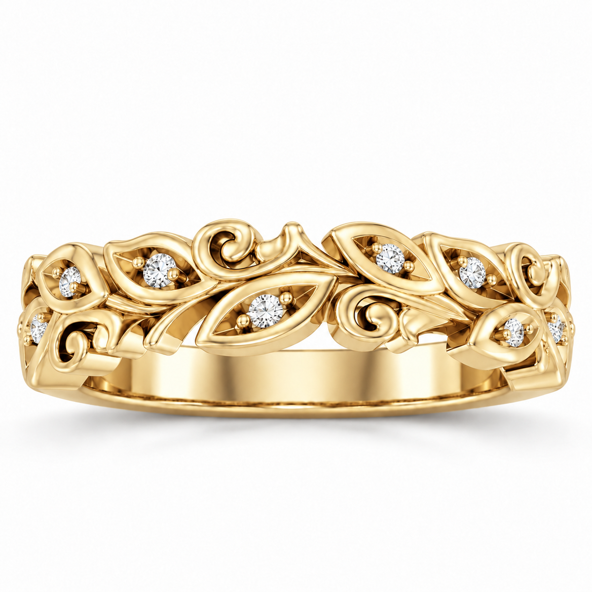 Men's 0.05 CTW Lab-Grown Diamond Floral Scroll Band – 126875 — 14K Yellow Gold, front view